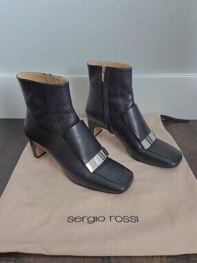 Sergio Rossi Black Leather Mid-Heel Ankle Boots. Size 38. #AH